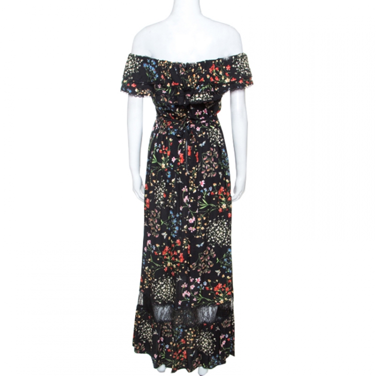 Pre Owned Alice + Olivia Black Floral Print Stretch Off Shoulder Maxi Dress M