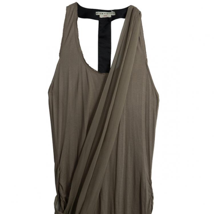 Pre Owned Alice + Olivia T-back Drape Khaki Green Silk Cotton Dress M