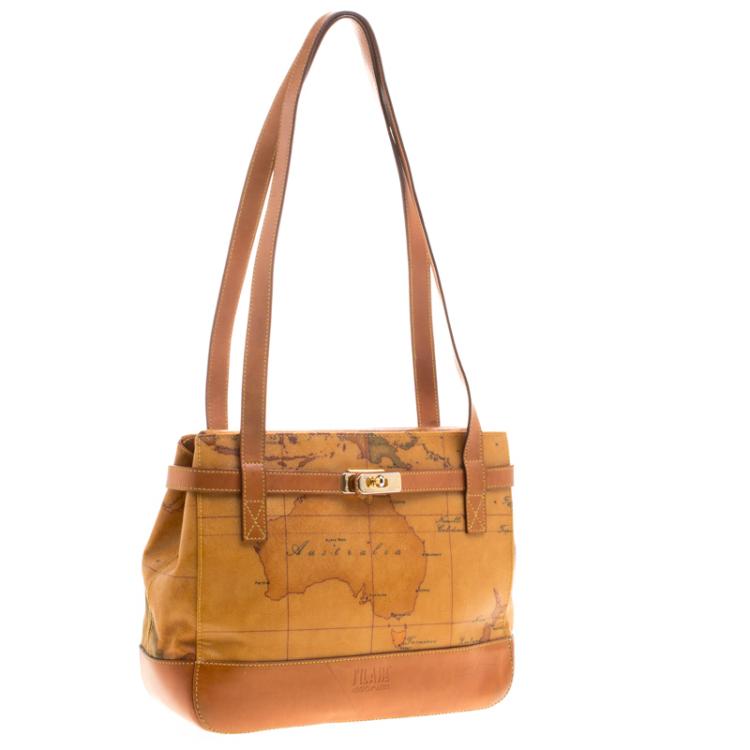 Pre Owned Alviero Martini 1A Classe Brown Geo Print Coated Canvas Tote