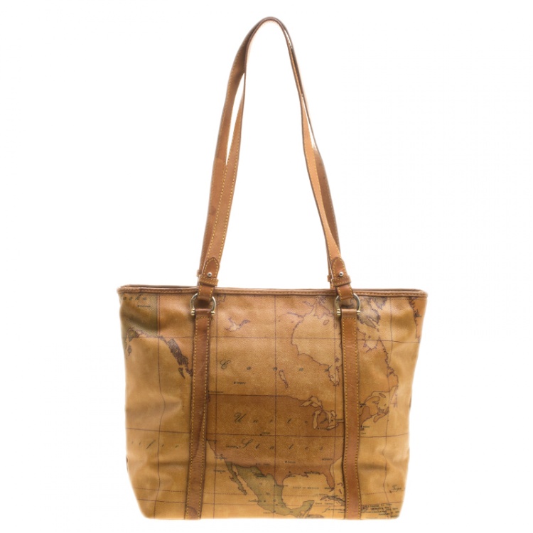 Pre Owned Alviero Martini 1A Classe Brown Geo Print Coated Canvas Tote