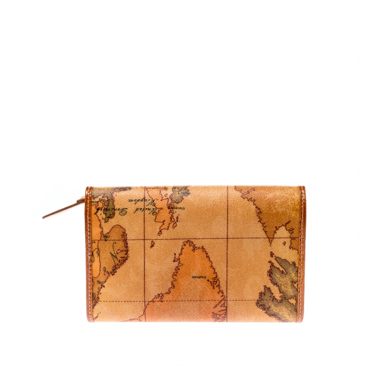 Pre Owned Alviero Martini 1A Classe Tan Geo Map Coated Canvas Flap Compact Wallet