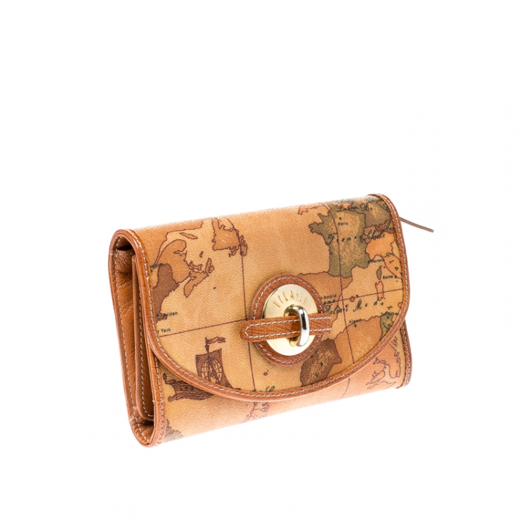 Pre Owned Alviero Martini 1A Classe Tan Geo Map Coated Canvas Flap Compact Wallet