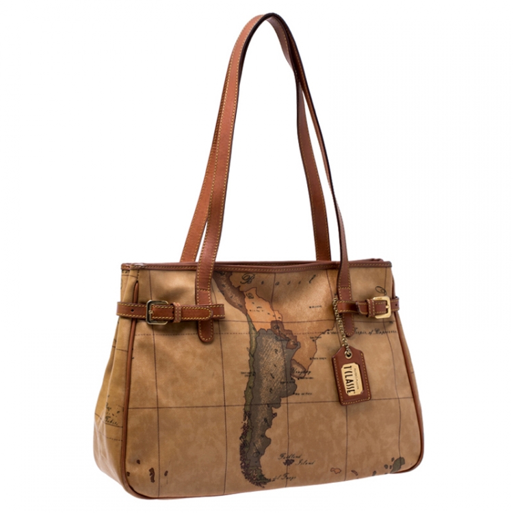 Pre Owned Alviero Martini 1A Classe Brown Geo Print Coated Canvas Tote    
