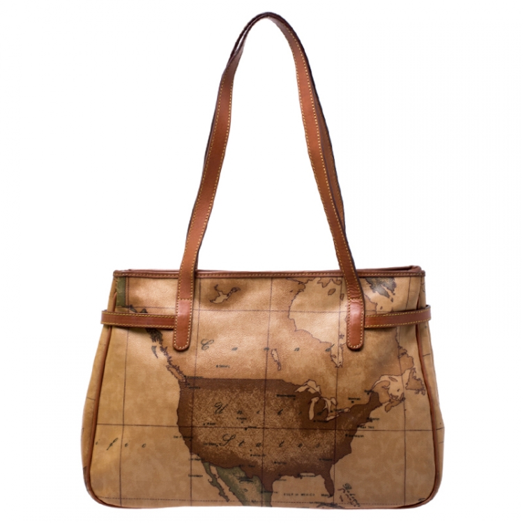 Pre Owned Alviero Martini 1A Classe Brown Geo Print Coated Canvas Tote    