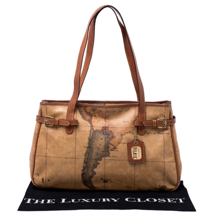 Pre Owned Alviero Martini 1A Classe Brown Geo Print Coated Canvas Tote    