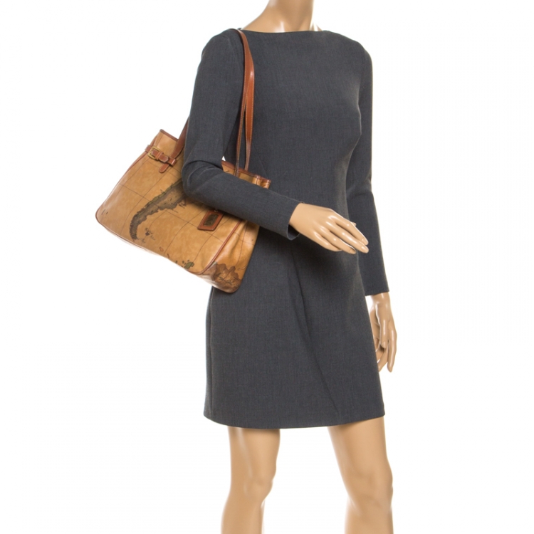 Pre Owned Alviero Martini 1A Classe Brown Geo Print Coated Canvas Tote    