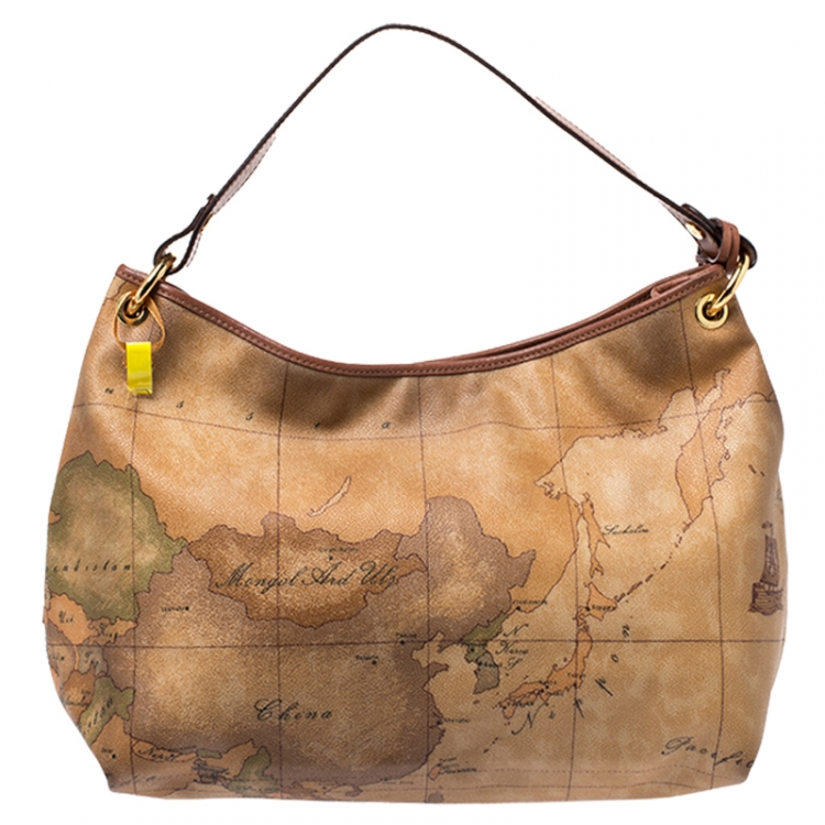 Pre Owned Alviero Martini 1a Classe Brown Geo Print Coated Canvas Hobo