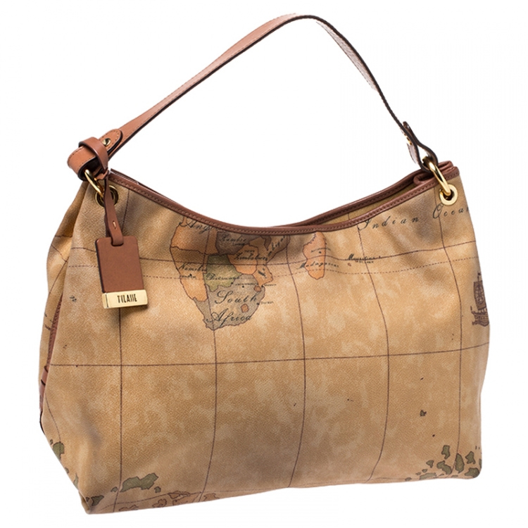Pre Owned Alviero Martini 1a Classe Brown Geo Print Coated Canvas Hobo