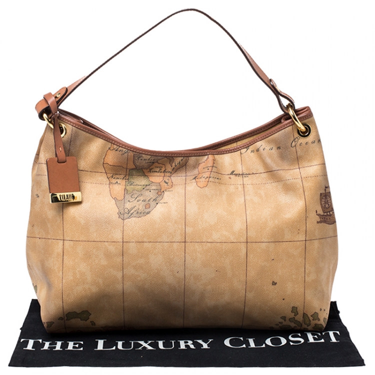 Pre Owned Alviero Martini 1a Classe Brown Geo Print Coated Canvas Hobo
