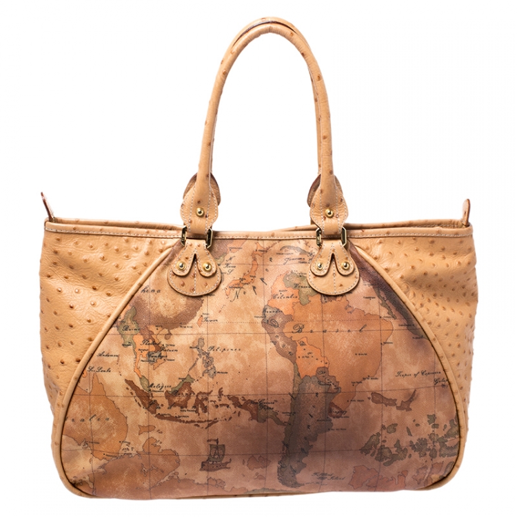 Pre Owned Alviero Martini 1A Classe Tan Coated Canvas and Embossed Ostrich Tote