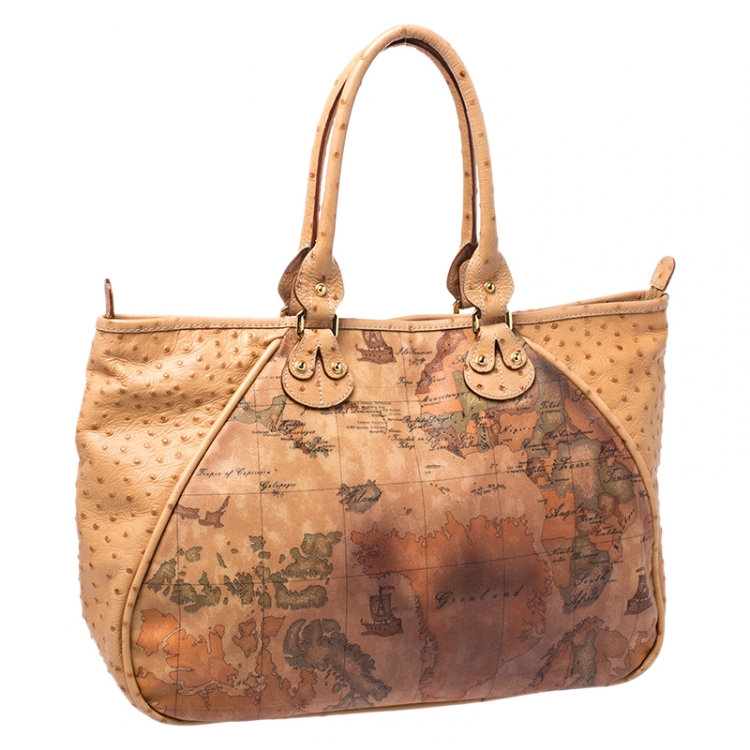 Pre Owned Alviero Martini 1A Classe Tan Coated Canvas and Embossed Ostrich Tote