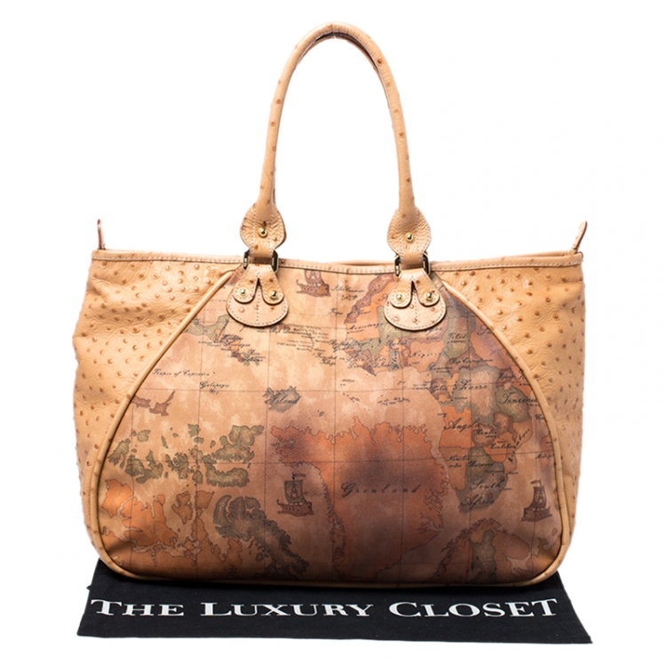 Pre Owned Alviero Martini 1A Classe Tan Coated Canvas and Embossed Ostrich Tote