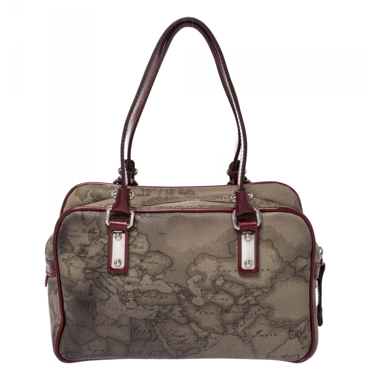 Pre Owned Alviero Martini 1A Classe Grey/Red Coated Canvas and Patent Leather Satchel