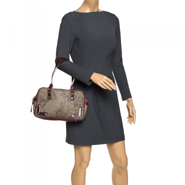Pre Owned Alviero Martini 1A Classe Grey/Red Coated Canvas and Patent Leather Satchel