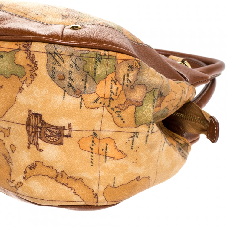 Pre Owned Alviero Martini 1A Classe Tan Geo Print Coated Canvas and Leather Satchel