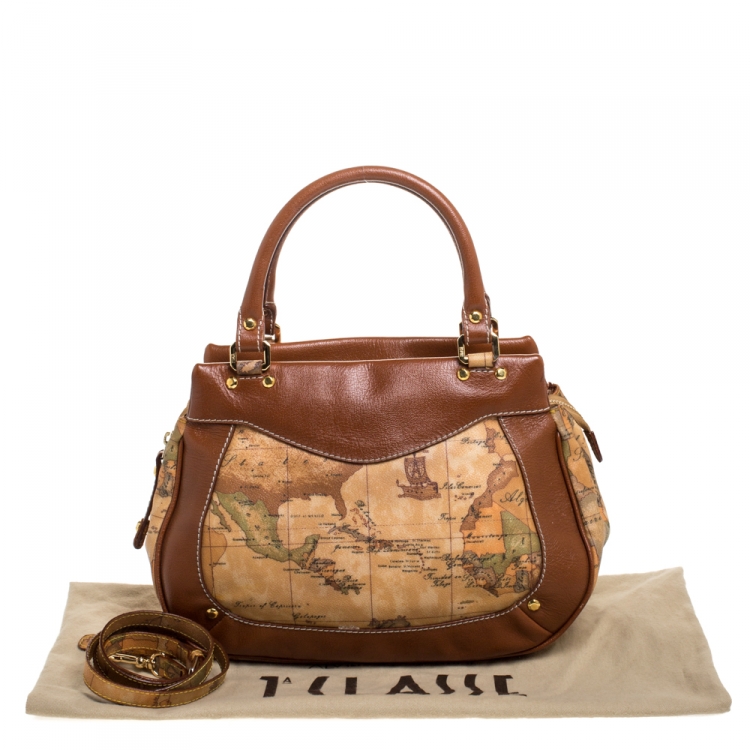 Pre Owned Alviero Martini 1A Classe Tan Geo Print Coated Canvas and Leather Satchel