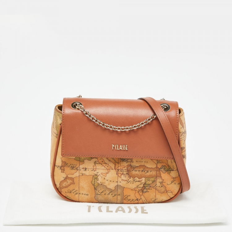 Pre Owned Alviero Martini 1A Classe Brown Geo Print Coated Canvas and Leather Shoulder Bag