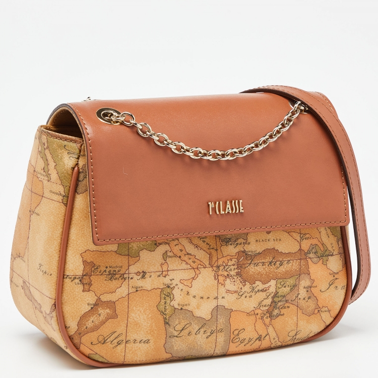Pre Owned Alviero Martini 1A Classe Brown Geo Print Coated Canvas and Leather Shoulder Bag