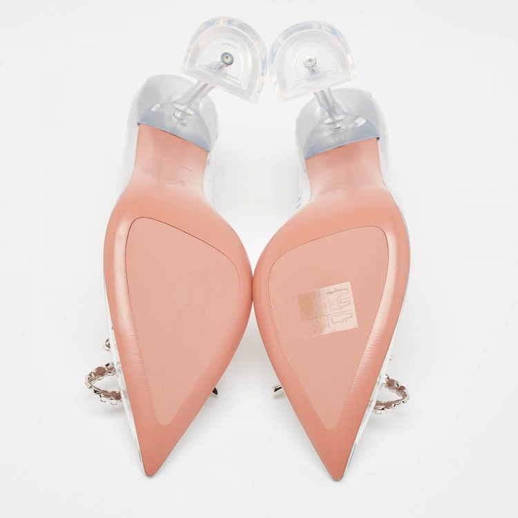 Pre Owned Amina Muaddi Transparent/Silver Leather and PVC Rosie Pumps Size 37