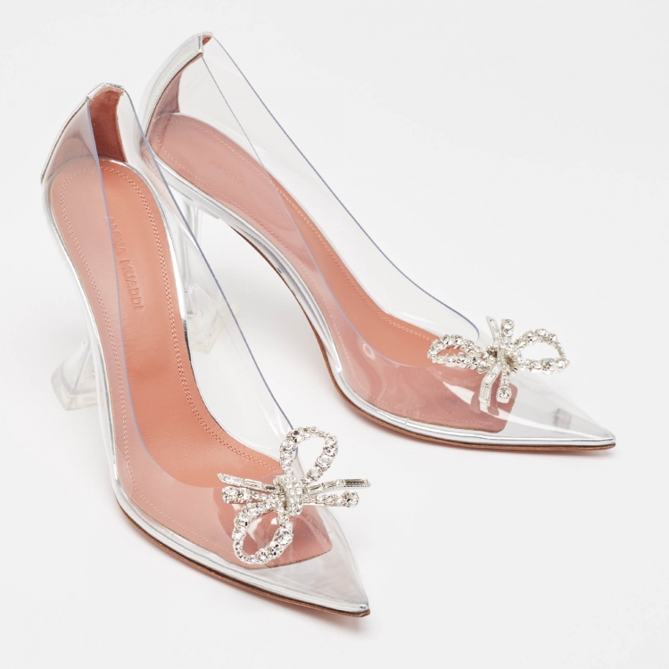 Pre Owned Amina Muaddi Transparent/Silver Leather and PVC Rosie Pumps Size 37