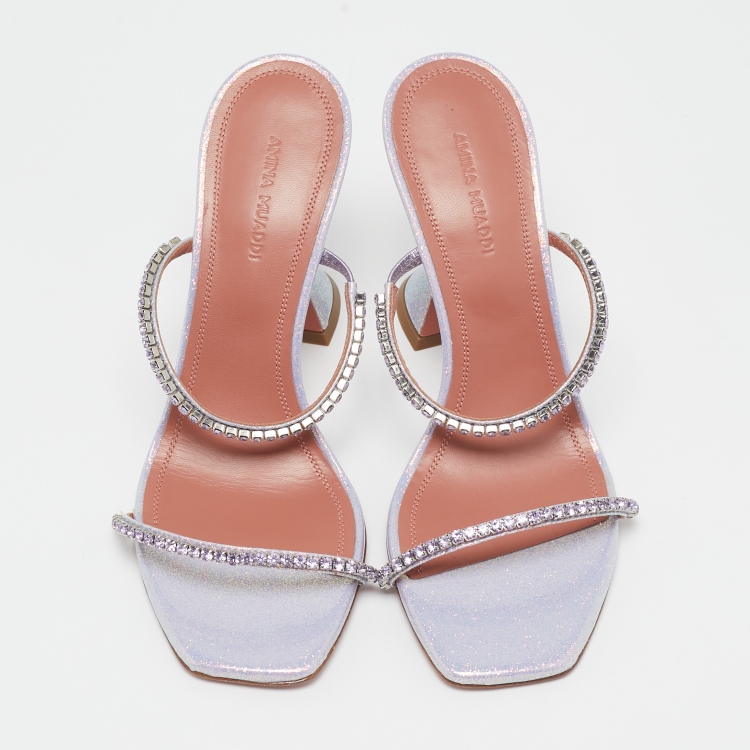 Pre Owned Amina Muaddi Lilac Glitter Patent Leather Gilda Slide Sandals Size 37