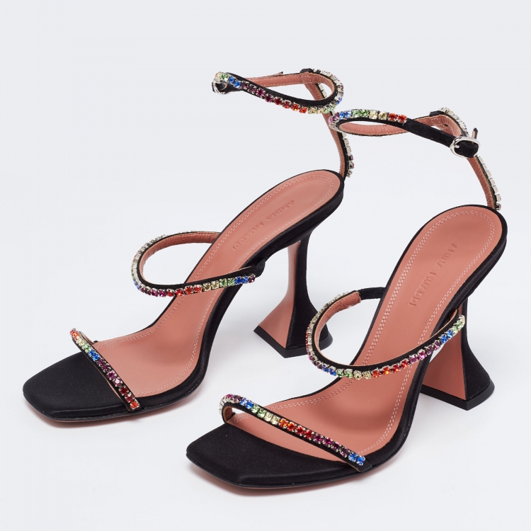 Pre Owned Amina Muaddi Black Satin Crystal Embellished Gilda Sandals Size 37