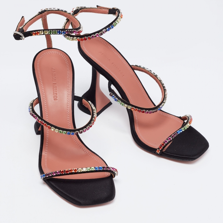 Pre Owned Amina Muaddi Black Satin Crystal Embellished Gilda Sandals Size 37