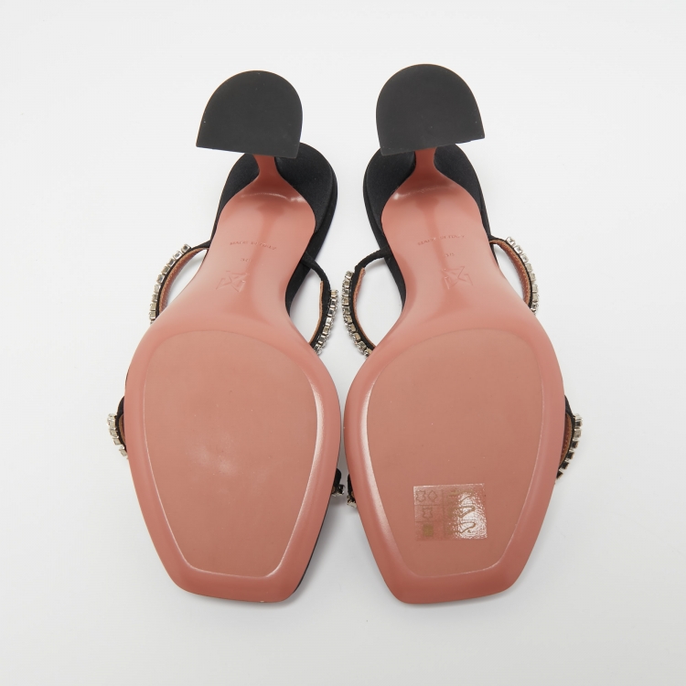 Pre Owned Amina Muaddi Black Crystal Embellished Satin Gilda Slide Sandals Size 38