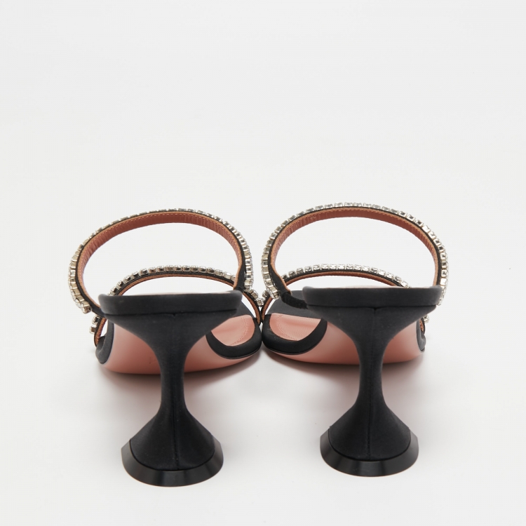 Pre Owned Amina Muaddi Black Crystal Embellished Satin Gilda Slide Sandals Size 38