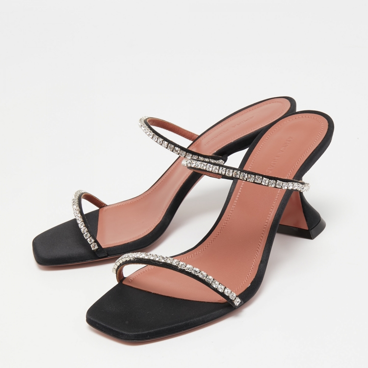 Pre Owned Amina Muaddi Black Crystal Embellished Satin Gilda Slide Sandals Size 38