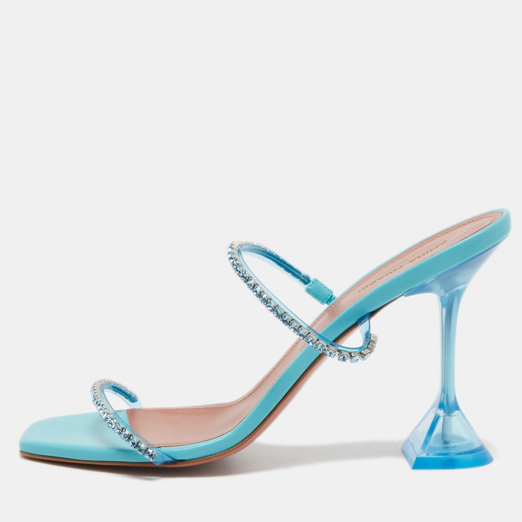Amina Muaddi Blue Leather Crystal Embellished Gilda Slide Sandals Size ...