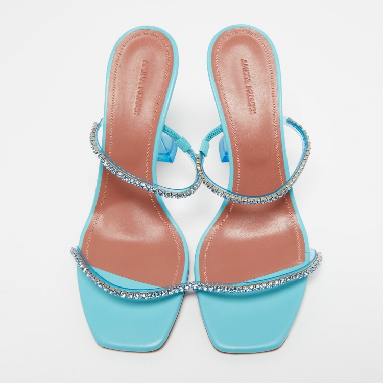 Pre Owned Amina Muaddi Blue Leather Crystal Embellished Gilda Slide Sandals Size 40