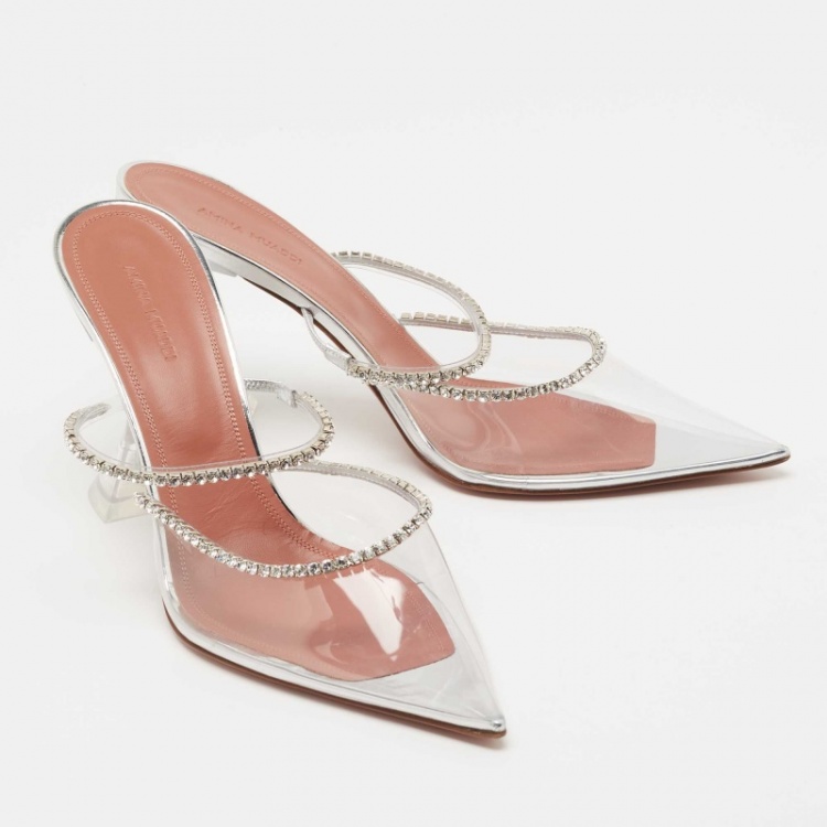 Pre Owned Amina Muaddi Silver PVC Gilda Glass Mules Size 42