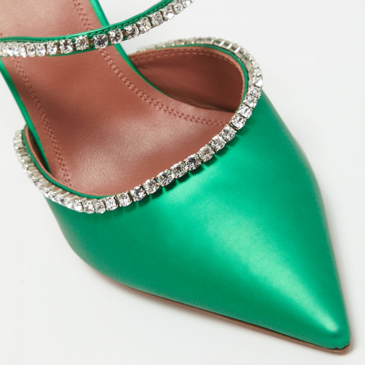 Pre Owned Amina Muaddi Green Leather Gilda Mules Size 38