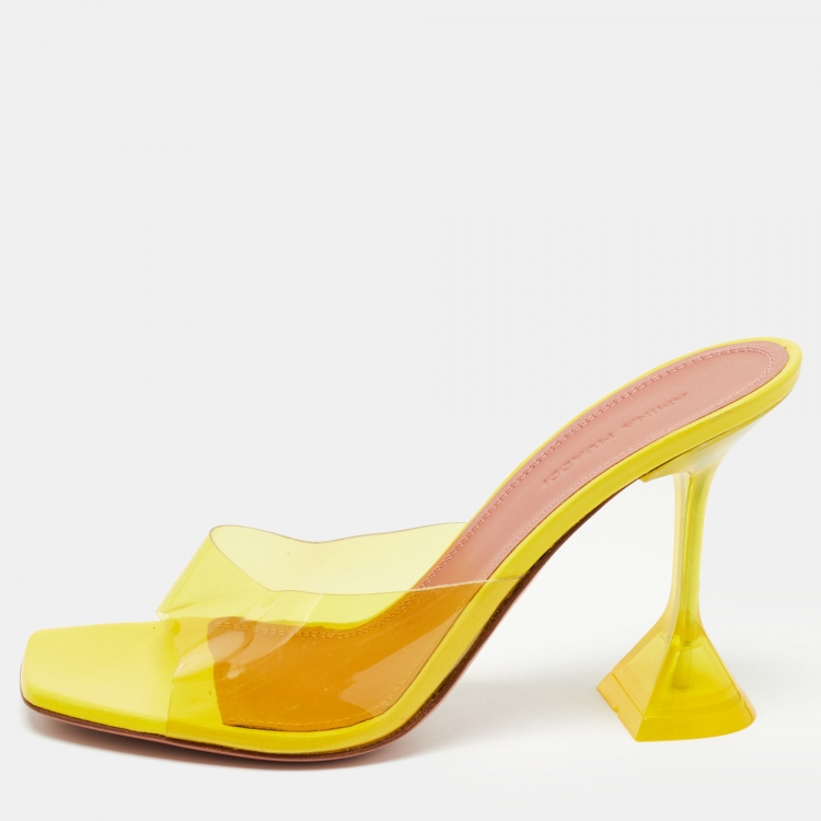 Pre Owned Amina Muaddi Yellow PVC Lupita Slide Sandals Size 38
