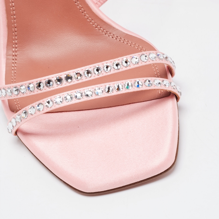 Pre Owned Amina Muaddi Pink Crystal Embellished Satin Gilda Slide Sandals Size 37