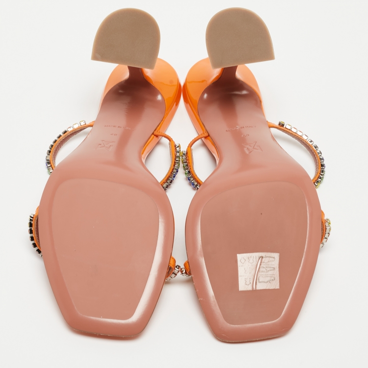 Pre Owned Amina Muaddi Orange Crystal Embellished Satin Gilda Slide Sandals Size 40