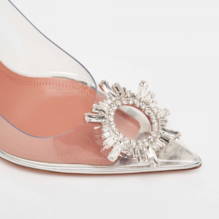 Pre Owned Amina Muaddi Silver/Transparent PVC and Leather Begum Pumps Size 38