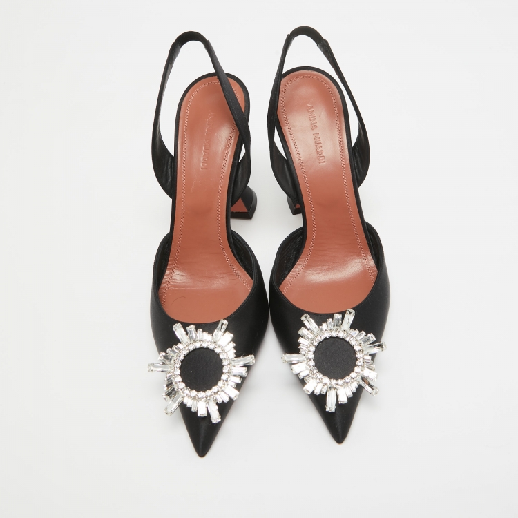 Pre Owned Amina Muaddi Black Satin Crystal Buckle Begum Slingback Pumps Size 39