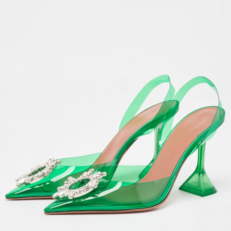 Pre Owned Amina Muaddi Green PVC Begum Slingback Pumps Size 37.5 