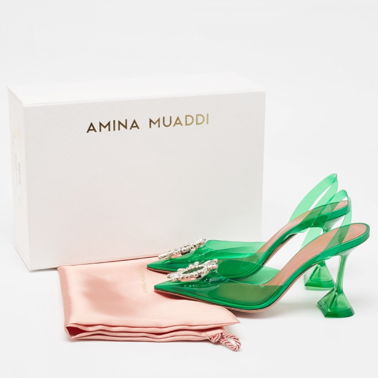 Pre Owned Amina Muaddi Green PVC Begum Slingback Pumps Size 37.5 