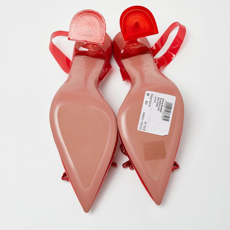 Pre Owned Amina Muaddi Red PVC Rosie Crystal Embellished Bow Slingback Pumps Size 38
