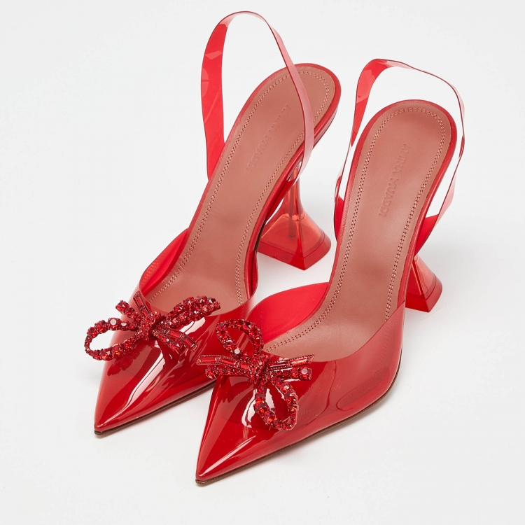Pre Owned Amina Muaddi Red PVC Rosie Crystal Embellished Bow Slingback Pumps Size 38