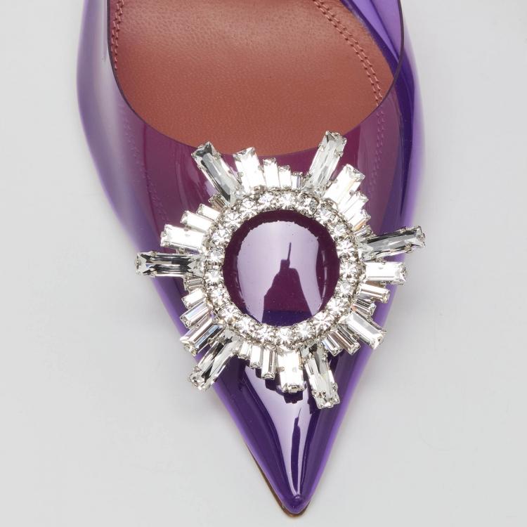 Pre Owned Amina Muaddi Purple PVC Begum Crystal Embellished Slingback Pumps Size 39.5