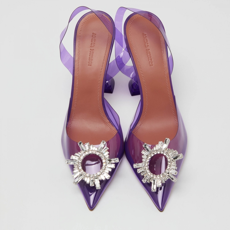 Pre Owned Amina Muaddi Purple PVC Begum Crystal Embellished Slingback Pumps Size 39.5