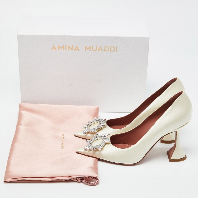 Pre Owned Amina Muaddi Ivory Satin Begum Pumps Size 38.5