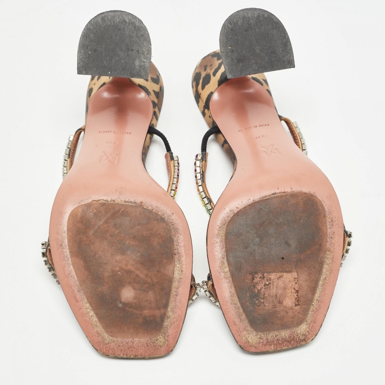 Pre Owned Amina Muaddi Brown/Black Leopard Print Satin Crystal Embellished Gilda Sandals Size 37.5