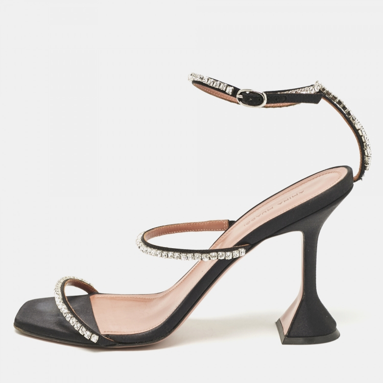 Pre Owned Amina Muaddi Black Satin Crystal Embellished Gilda Sandals Size 40.5