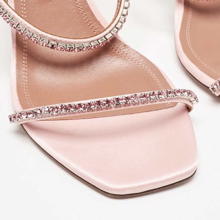 Pre Owned Amina Muaddi Pink Satin Crystal Embellished Gilda Sandals Size 38