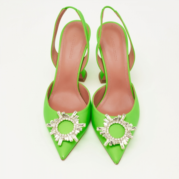 Pre Owned Amina Muaddi Neon Green Leather Begum Crystal Embellished Slingback Sandals Size 38.5